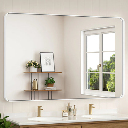 White Hard Corner Thin Frame Metal Mirror – Modern Wall-Mounted Bathroom - Bedroom - and Entryway Mirror