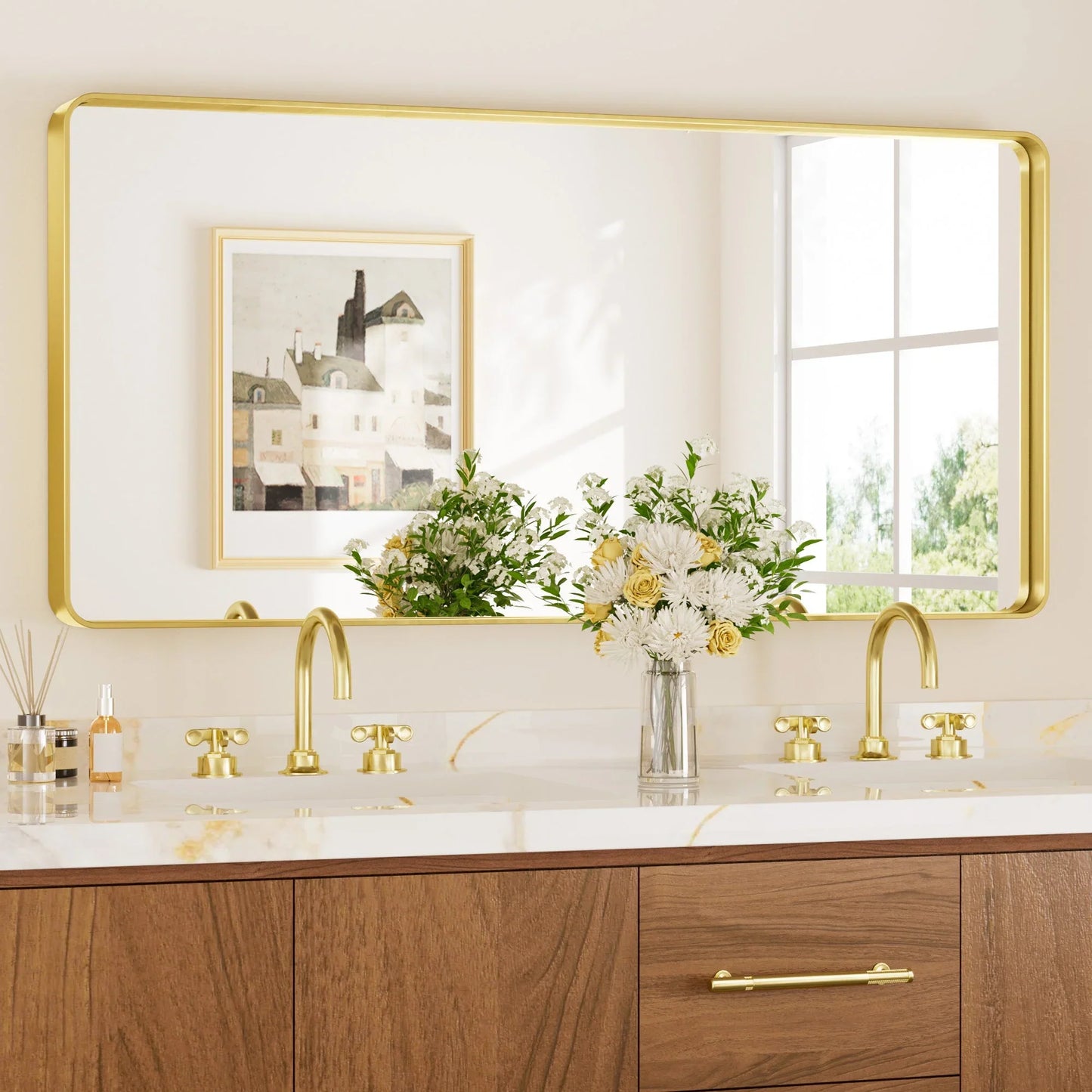 Gold Hard Corner Thin Frame Metal Mirror – Modern Wall-Mounted Bathroom - Bedroom - and Entryway Mirror