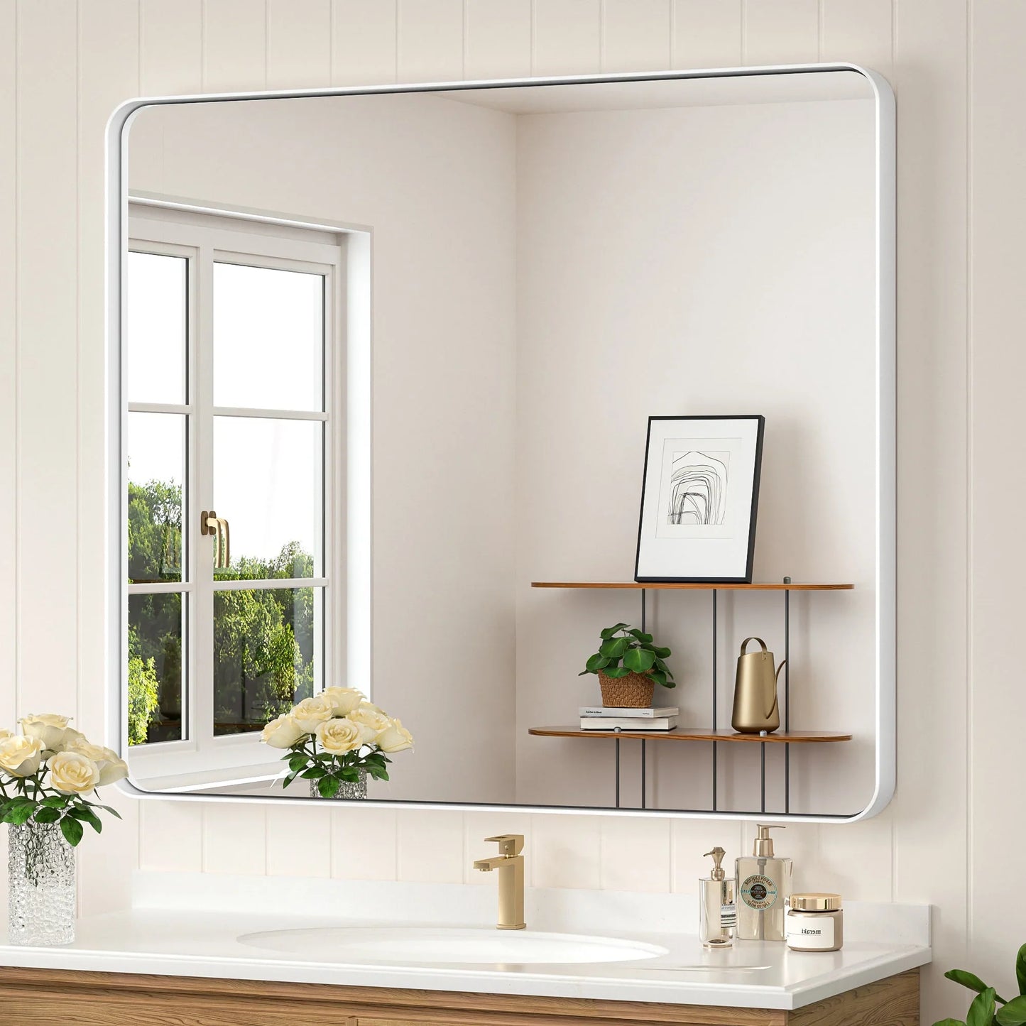 White Hard Corner Thin Frame Metal Mirror – Modern Wall-Mounted Bathroom - Bedroom - and Entryway Mirror