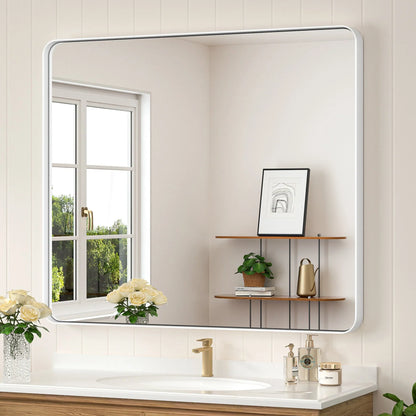 White Hard Corner Thin Frame Metal Mirror – Modern Wall-Mounted Bathroom - Bedroom - and Entryway Mirror