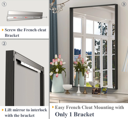 Black Hard Corner Metal Frame Mirror – Rectangular Wall Mirror with Shatterproof Copper-Free Glass - Vertical or Horizontal Mount