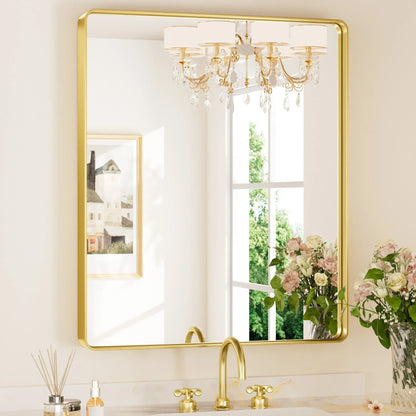 Gold Hard Corner Thin Frame Metal Mirror – Modern Wall-Mounted Bathroom - Bedroom - and Entryway Mirror