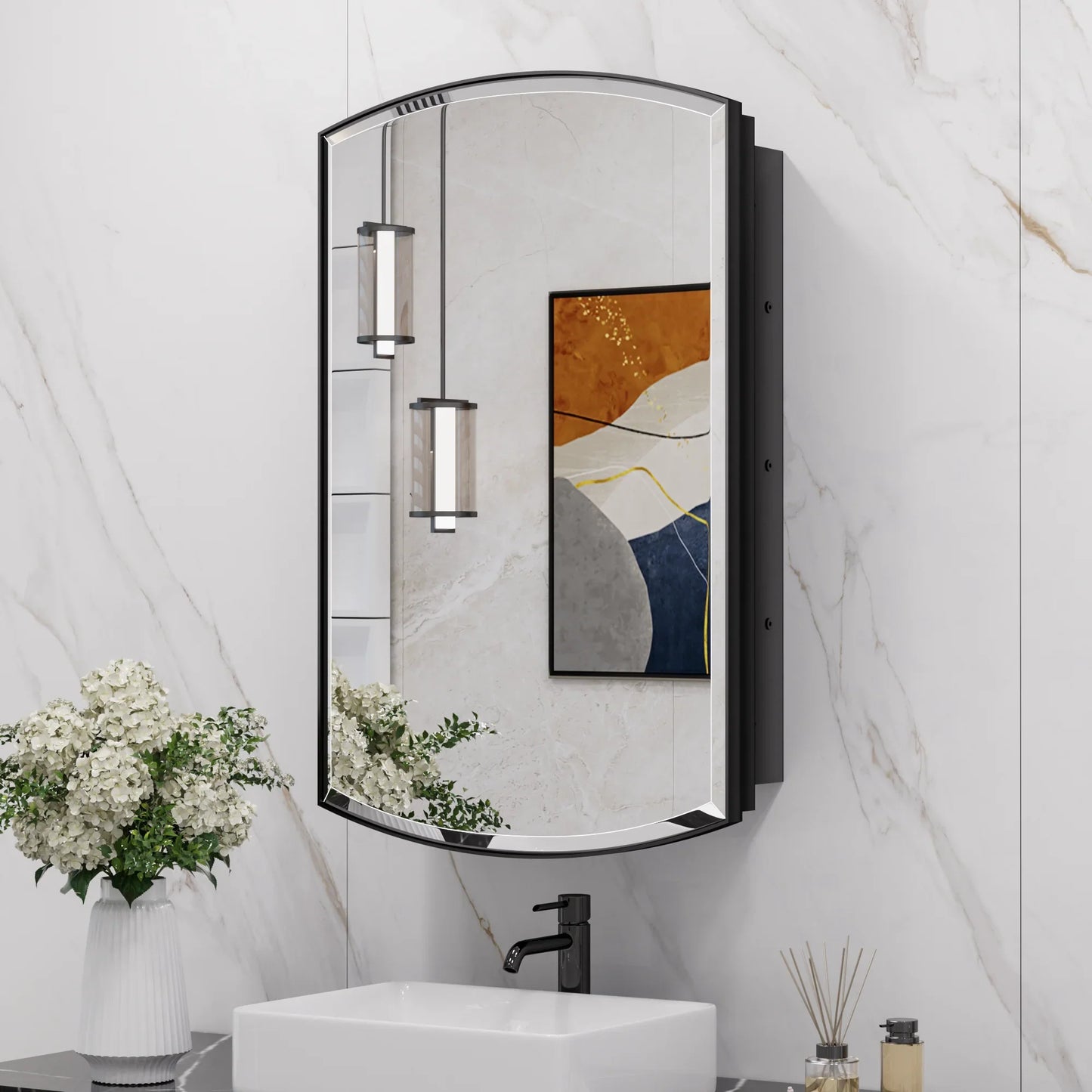 24x36 Inch Arched Black Medicine Cabinet – Wall Mounted or Recessed Bathroom Mirror