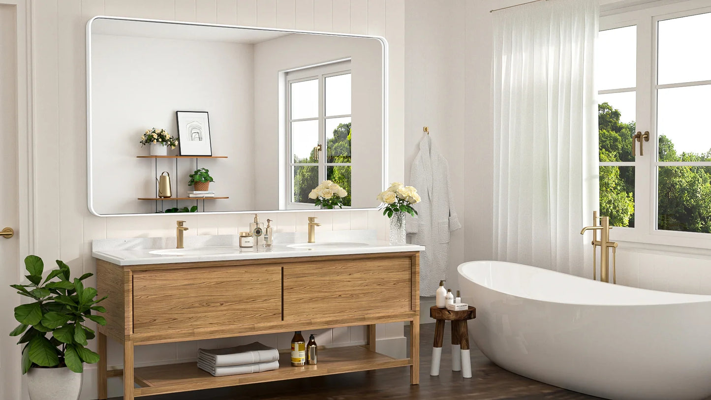 White Hard Corner Thin Frame Metal Mirror – Modern Rectangular Wall-Mounted Mirror with Shatterproof Copper-Free Glass