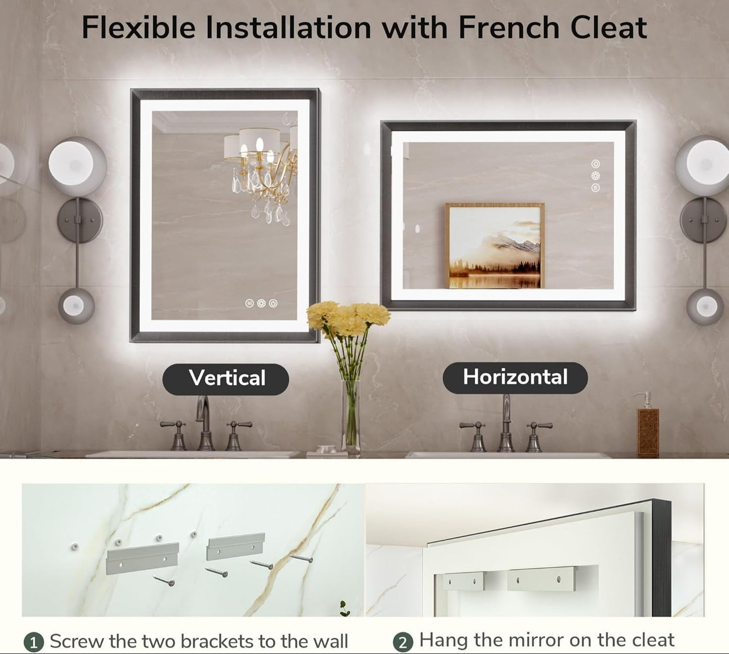 40x30 Black Frontlit LED Bathroom Mirror with 3 CCT – Dimmable - Anti-Fog - Metal Frame