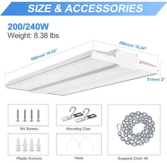 LED Linear High Bay Light, 1.6ft, 240W, CCT 5000K, 36,000 Lumens, 100-277 VAC