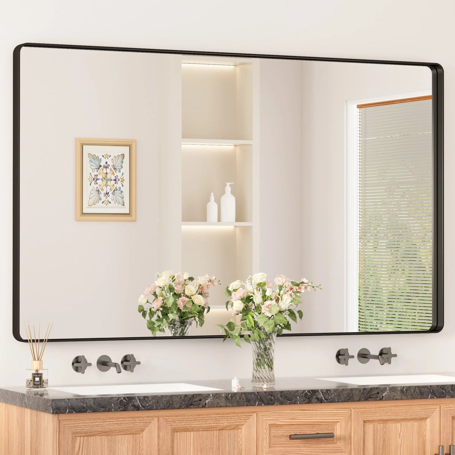 Black Hard Corner Thin Frame Metal Mirror – Modern Rectangular Wall-Mounted Mirror