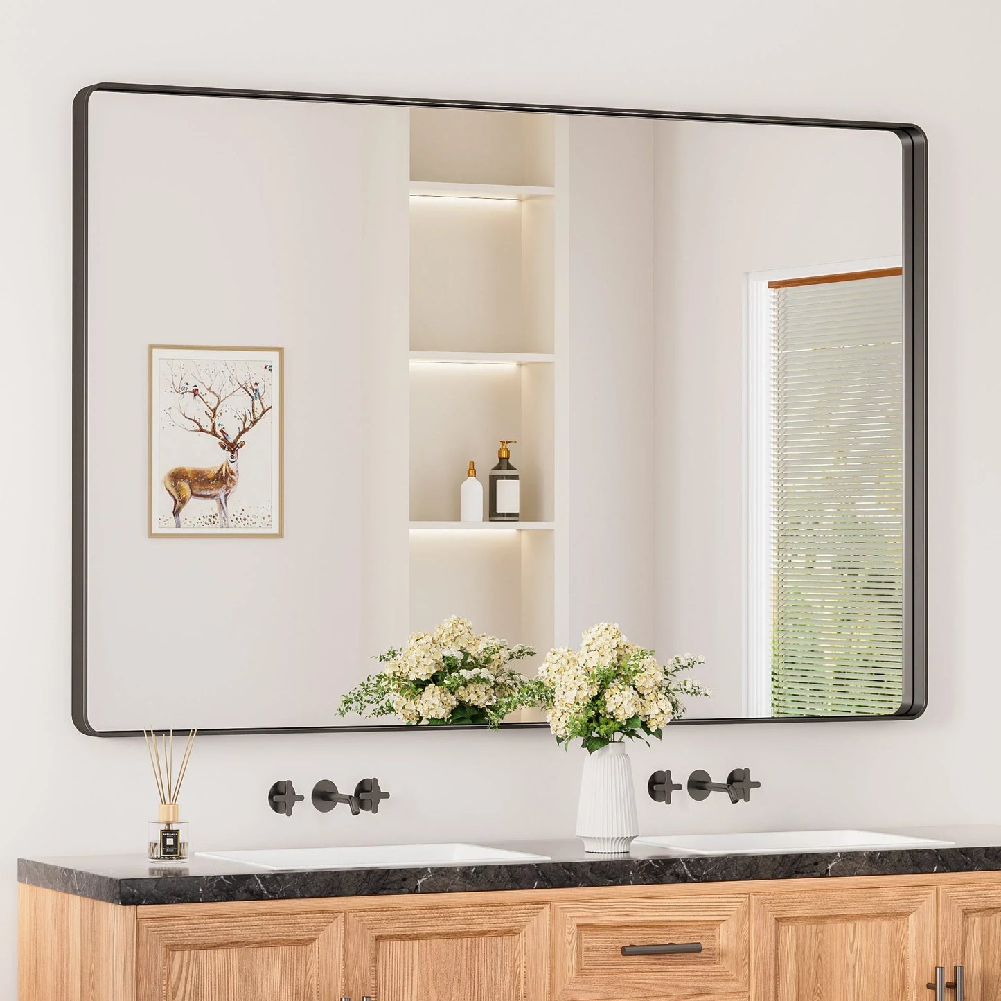 Black Hard Corner Thin Frame Metal Mirror – Modern Rectangular Wall-Mounted Mirror