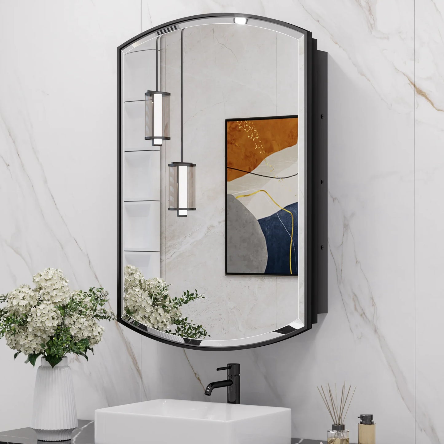24x36 Inch Arched Black Medicine Cabinet – Wall Mounted or Recessed Bathroom Mirror