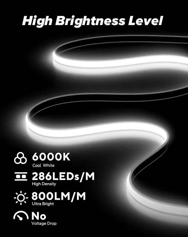 110-120V Cool White COB Peel and Stick Tape Light (10mmx4.5mm),IP65, Cuttable, dimmable, flicker-free - Plug and Play and Could Be hardwired