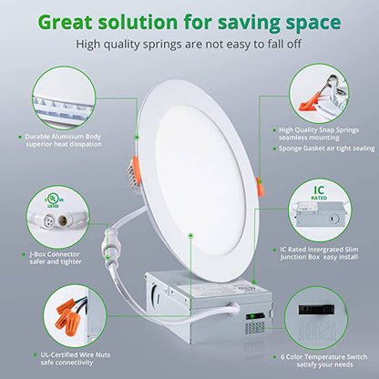 LED Recessed Downlight with Junction Box, 6 inch, 12W, Selectable CCT, 1,020 Lumens, 120 VAC