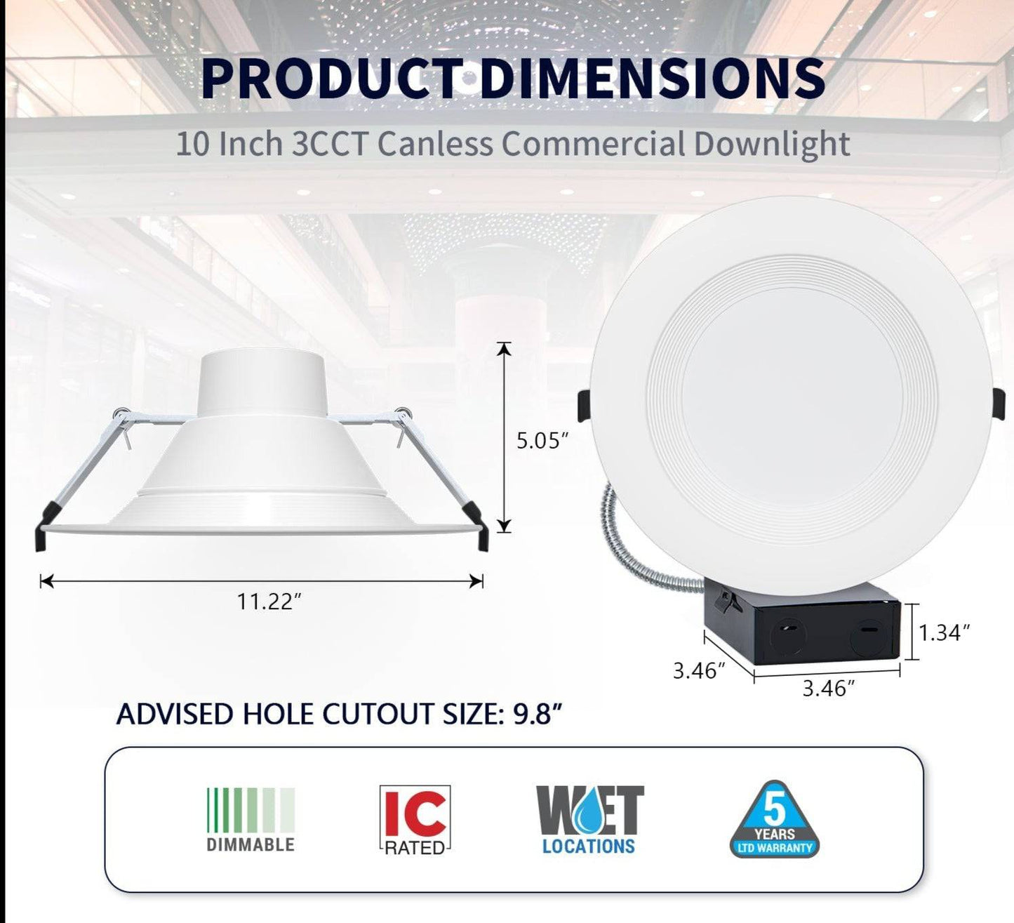 10 Inch LED Recessed Downlight with Junction Box - Selectable 22W/28W/35W and CCT, 3,700 Lumens, 120-277 VAC