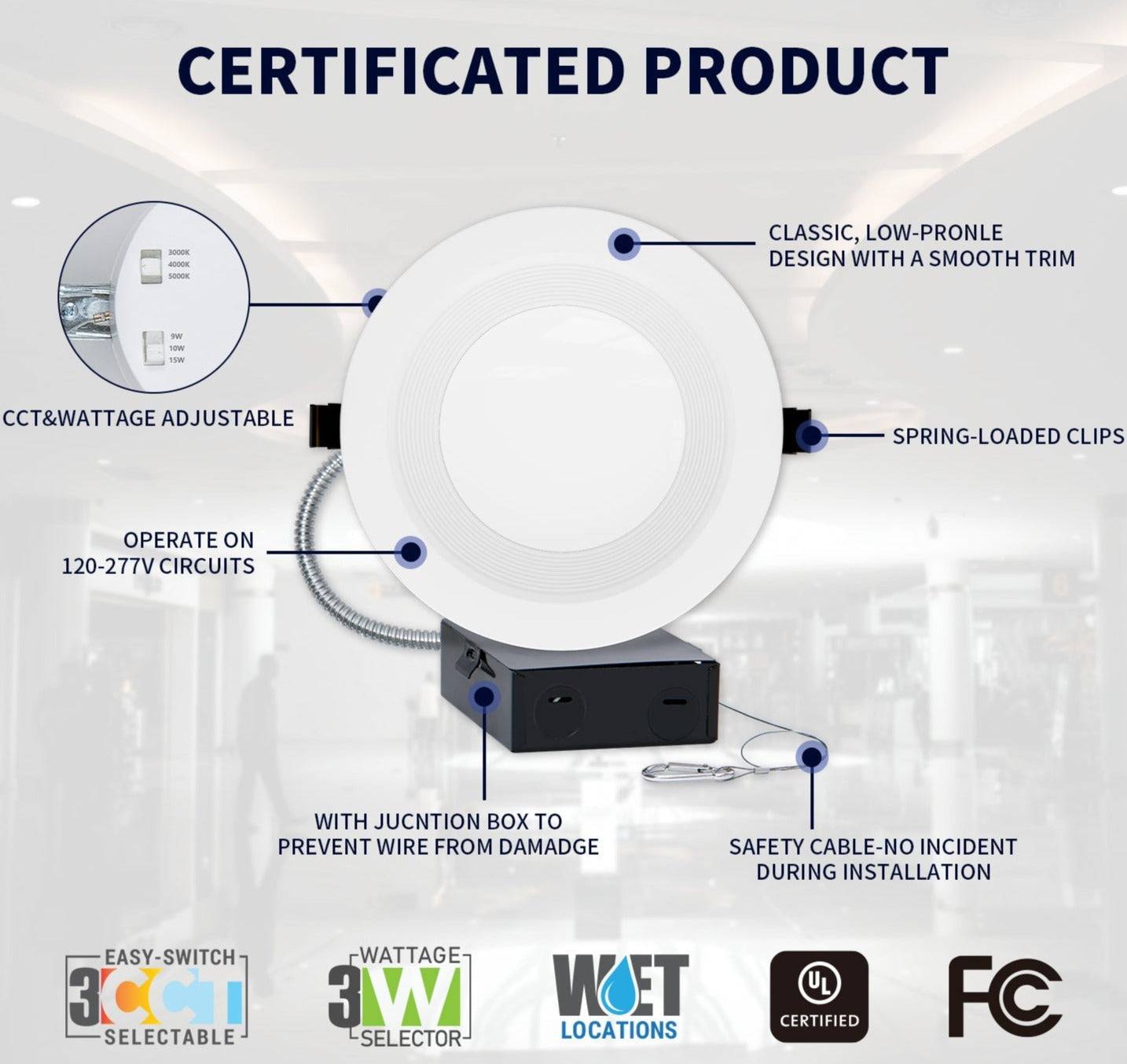10 Inch LED Recessed Downlight with Junction Box - Selectable 22W/28W/35W and CCT, 3,700 Lumens, 120-277 VAC