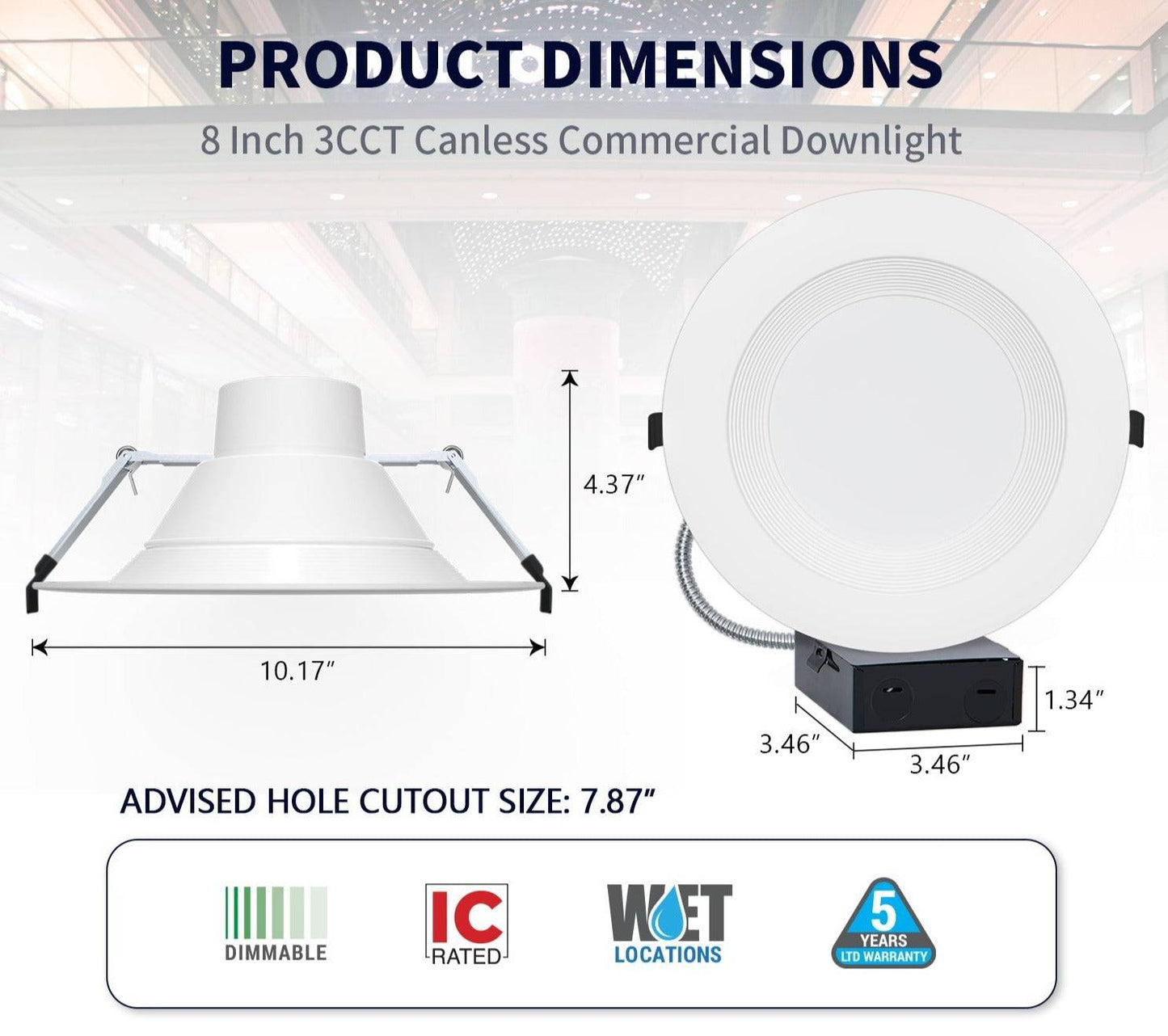 8 Inch Recessed LED Downlight with Junction Box, Selectable 16W/21W/27W and CCT, 2,000 Lumens, 120-277 VAC