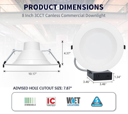 8 Inch Recessed LED Downlight with Junction Box, Selectable 16W/21W/27W and CCT, 2,000 Lumens, 120-277 VAC