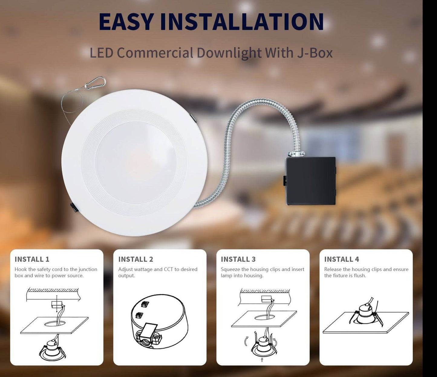 8 Inch Recessed LED Downlight with Junction Box, Selectable 16W/21W/27W and CCT, 2,000 Lumens, 120-277 VAC