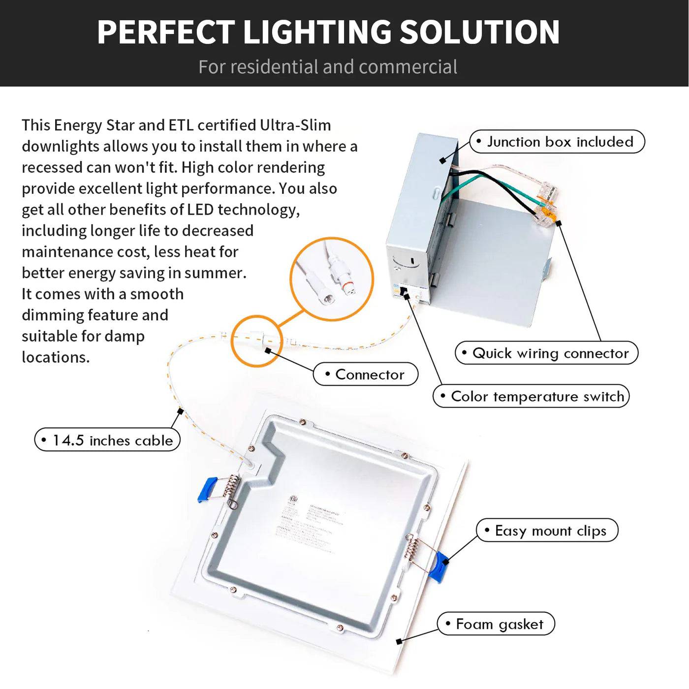 3 Inch Square Canless LED Downlight with Junction Box, 9W, 500 Lumens, 120 VAC