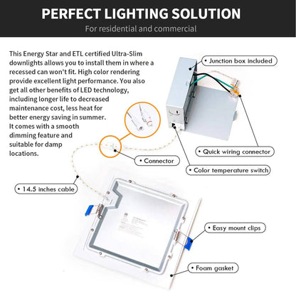 3 Inch Square Canless LED Downlight with Junction Box, 9W, 500 Lumens, 120 VAC