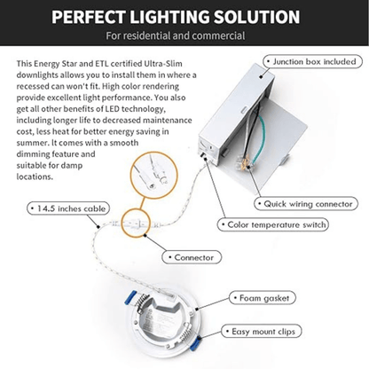 8 Inch LED Recessed Light with Junction Box, 18W, Selectable CCT, 1,500 Lumens, 120 VAC