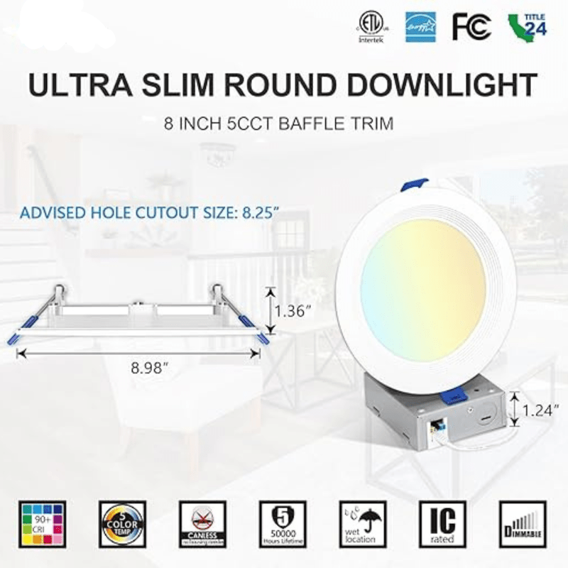 8 Inch LED Recessed Light with Junction Box, 18W, Selectable CCT, 1,500 Lumens, 120 VAC