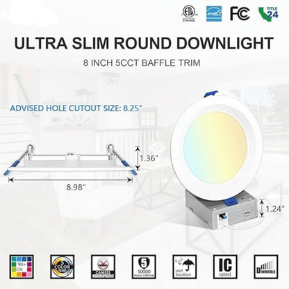 8 Inch LED Recessed Light with Junction Box, 18W, Selectable CCT, 1,500 Lumens, 120 VAC