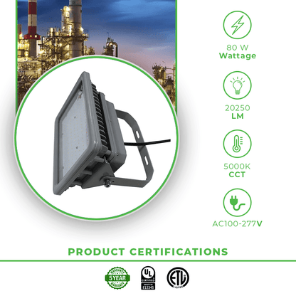 80W LED Explosion Proof Flood Light, D Series, 5000K, 20250 Lumens, 100-277 VAC