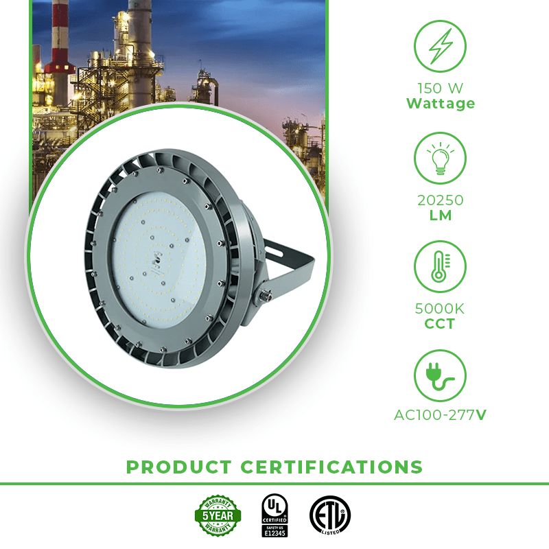 150W LED Explosion Proof Round High Bay Light, B Series, 5000K, 20250 Lumens, 100-277 VAC