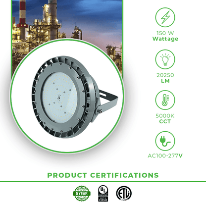 150W LED Explosion Proof Round High Bay Light, B Series, 5000K, 20250 Lumens, 100-277 VAC