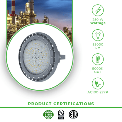 250W LED Explosion Proof Round High Bay Light, B Series, 5000K, 35000 Lumens, 100-277 VAC