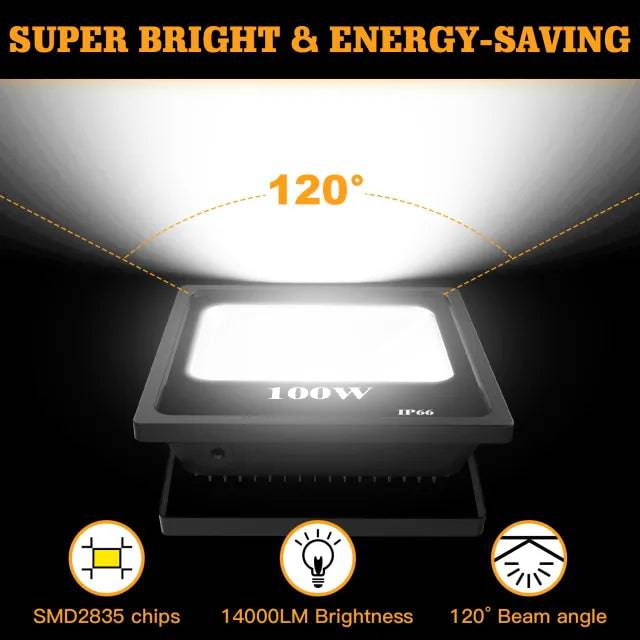 100W LED Flood Light, 5000K Daylight White, 14000 Lumens, IP65 Waterproof, 120° Beam Angle, 120V AC