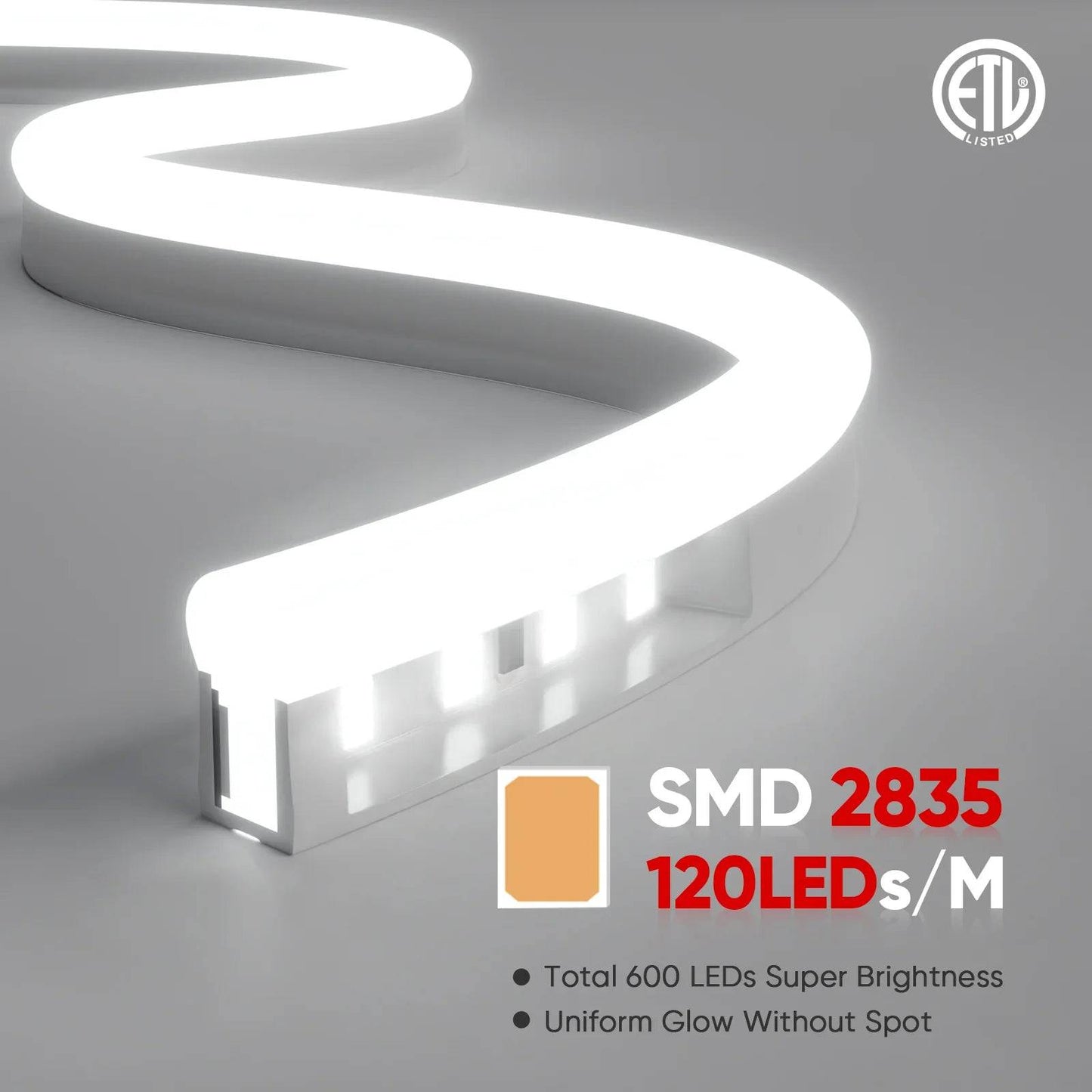 110-130V Cool White LED Neon Rope Light -6500K- 7mm x 14.5mm-7W/Meter and 220LM/W -Dimmable, Flexible, IP65 Waterproof, Cuttable for Home & Commercial Use