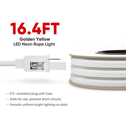110V-120V Yellow-Amber Neon LED Rope Light - 7mmX14.5mm,Commercial Grade, IP65, 220Lm/M -Cuttable, Dimmable, ETL Listed- Plug and Play and Hardwired