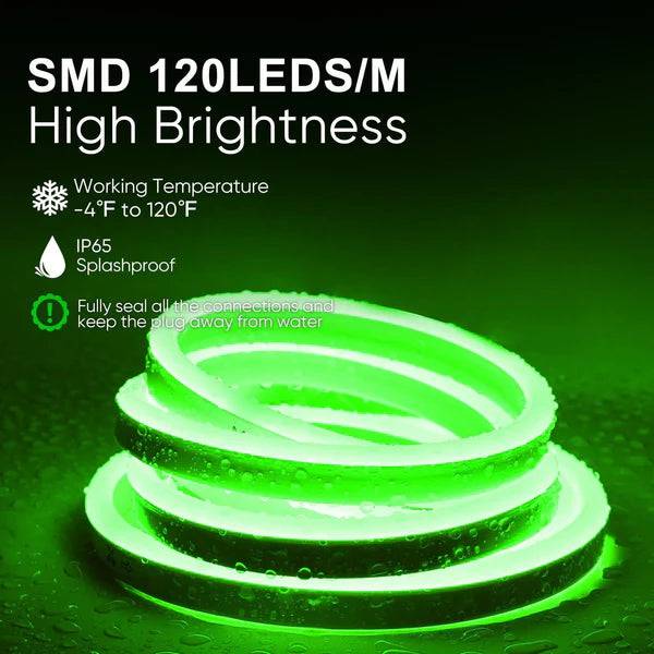 110V-120V Green Neon LED Rope Light - 8mmX16mm,Commercial Grade, IP65, 6 Watts/M -Cuttable, dimmable, could be hardwired ETL Listed- Plug and Play