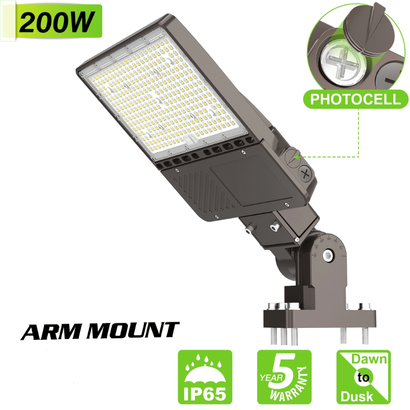 LED Parking Lot Light, 200W/150W/120W, 5000K, 28,000 Lumens, 100-277 VAC, Built-in Photocell, Slip Fitter Mount