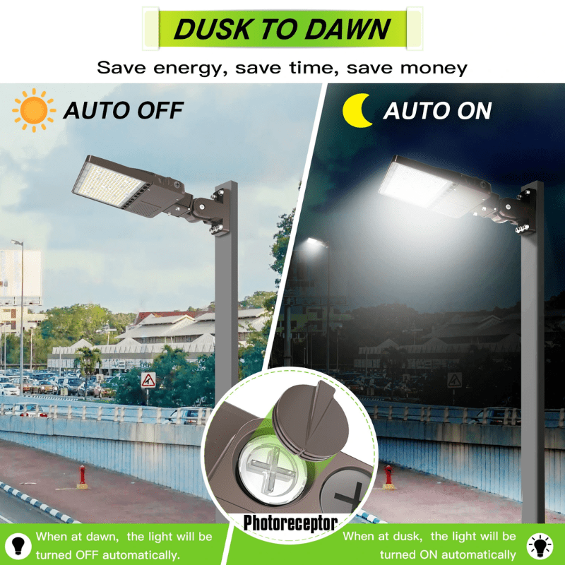 LED Parking Lot Light, 200W/150W/120W, 5000K, 28,000 Lumens, 100-277 VAC, Built-in Photocell, Slip Fitter Mount