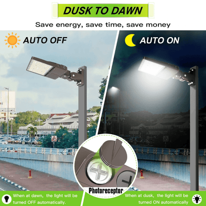 LED Parking Lot Light, 200W/150W/120W, 5000K, 28,000 Lumens, 100-277 VAC, Built-in Photocell, Slip Fitter Mount