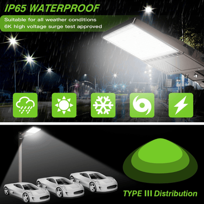 LED Parking Lot Light, 200W/150W/120W, 5000K, 28,000 Lumens, 100-277 VAC, Built-in Photocell, Slip Fitter Mount