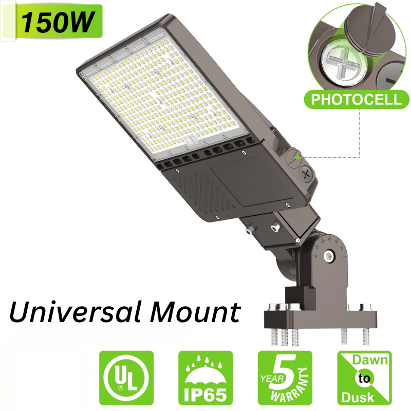 150W LED Parking Lot Light with Photocell – Wattage Tunable (150W/120W/90W), 22,500 Lumens, 5000K Daylight, Slip Fitter Mount – Outdoor LED Pole Light