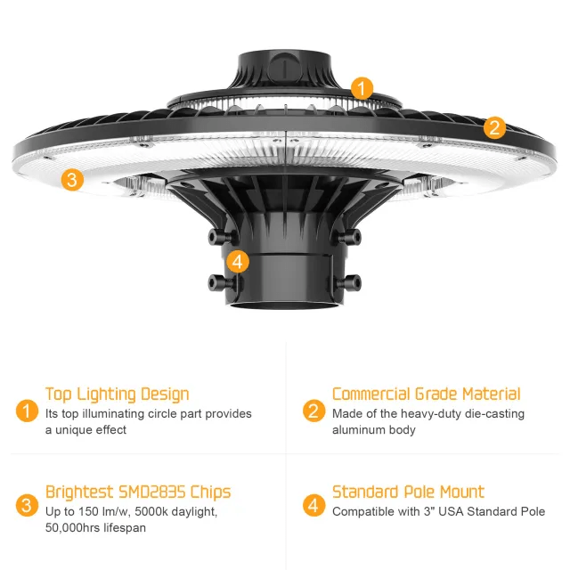 Led Post Top Light With Photocell, Selectable 80W/60W/48W, 10,089 Lumens, 100-277 VAC