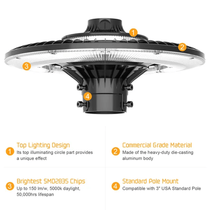 Led Post Top Light With Photocell, Selectable 80W/60W/48W, 10,089 Lumens, 100-277 VAC