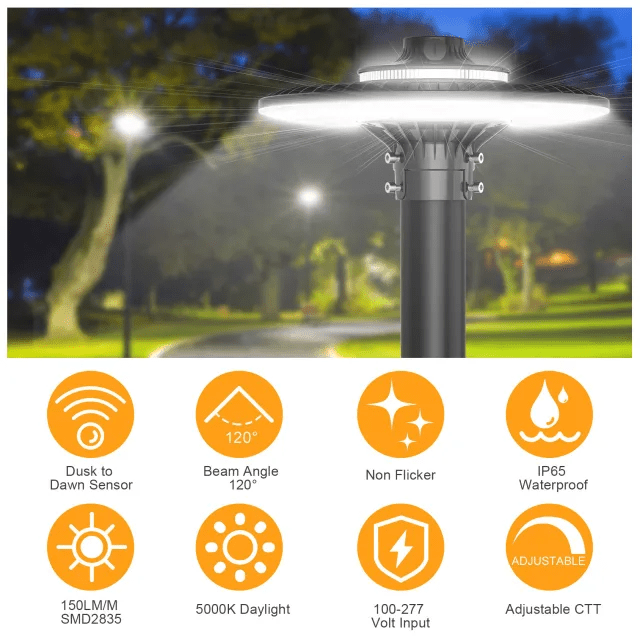 Led Post Top Light With Photocell, Selectable 80W/60W/48W, 10,089 Lumens, 100-277 VAC
