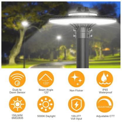 Led Post Top Light With Photocell, Selectable 80W/60W/48W, 10,089 Lumens, 100-277 VAC