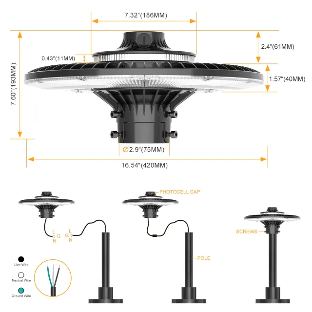 Led Post Top Light With Photocell, Selectable 80W/60W/48W, 10,089 Lumens, 100-277 VAC