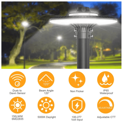 120W LED Post Top Light, CCT 3000K/4000K/5000K, 100-277 VAC, 15600 Lumens, Photocell Included