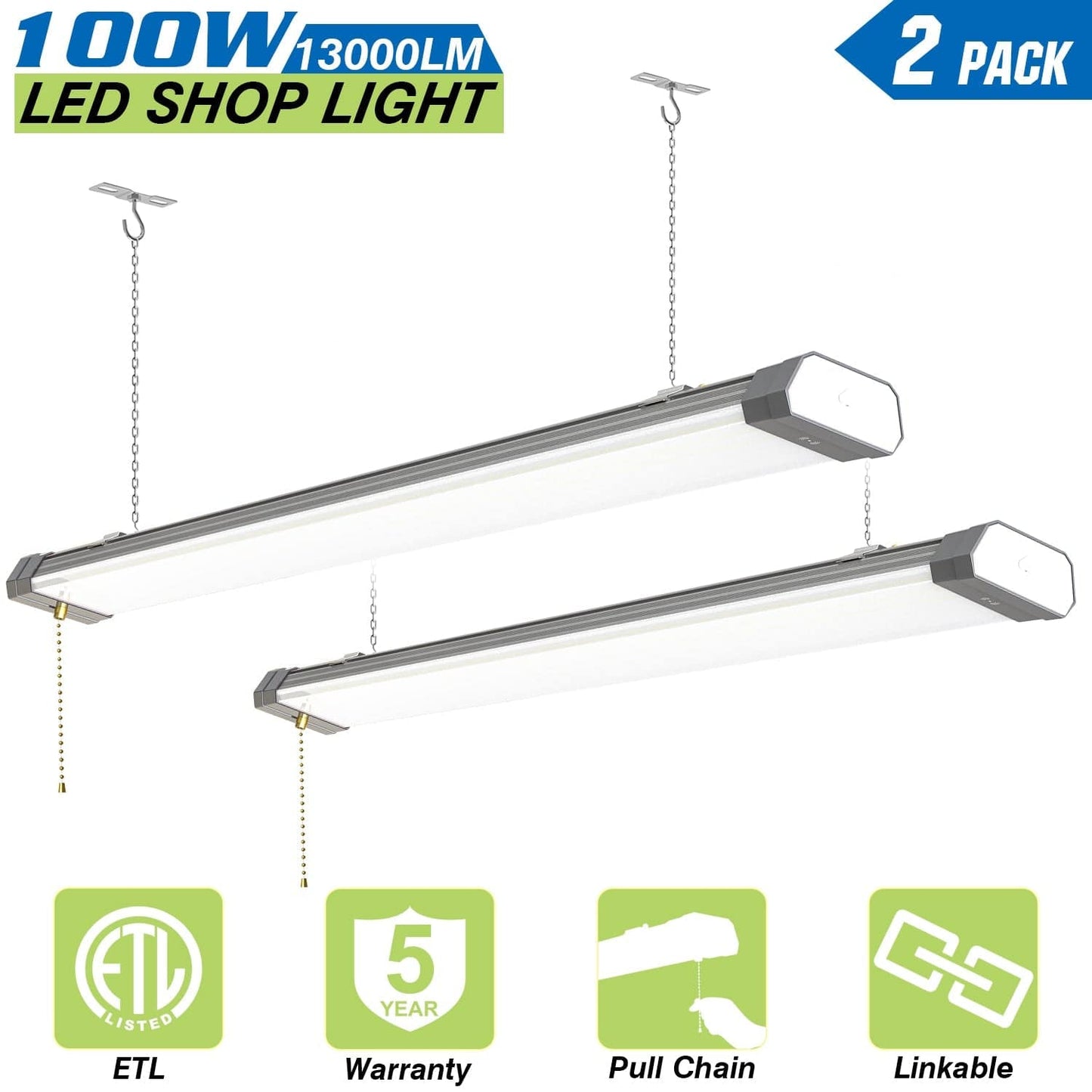 LED Shop Light - Linkable, 4ft, 100W, 5000K, 13,000 Lumens