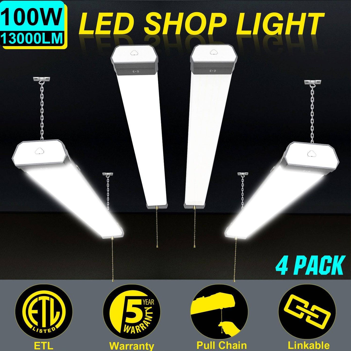 LED Shop Light - Linkable, 4ft, 100W, 5000K, 13,000 Lumens