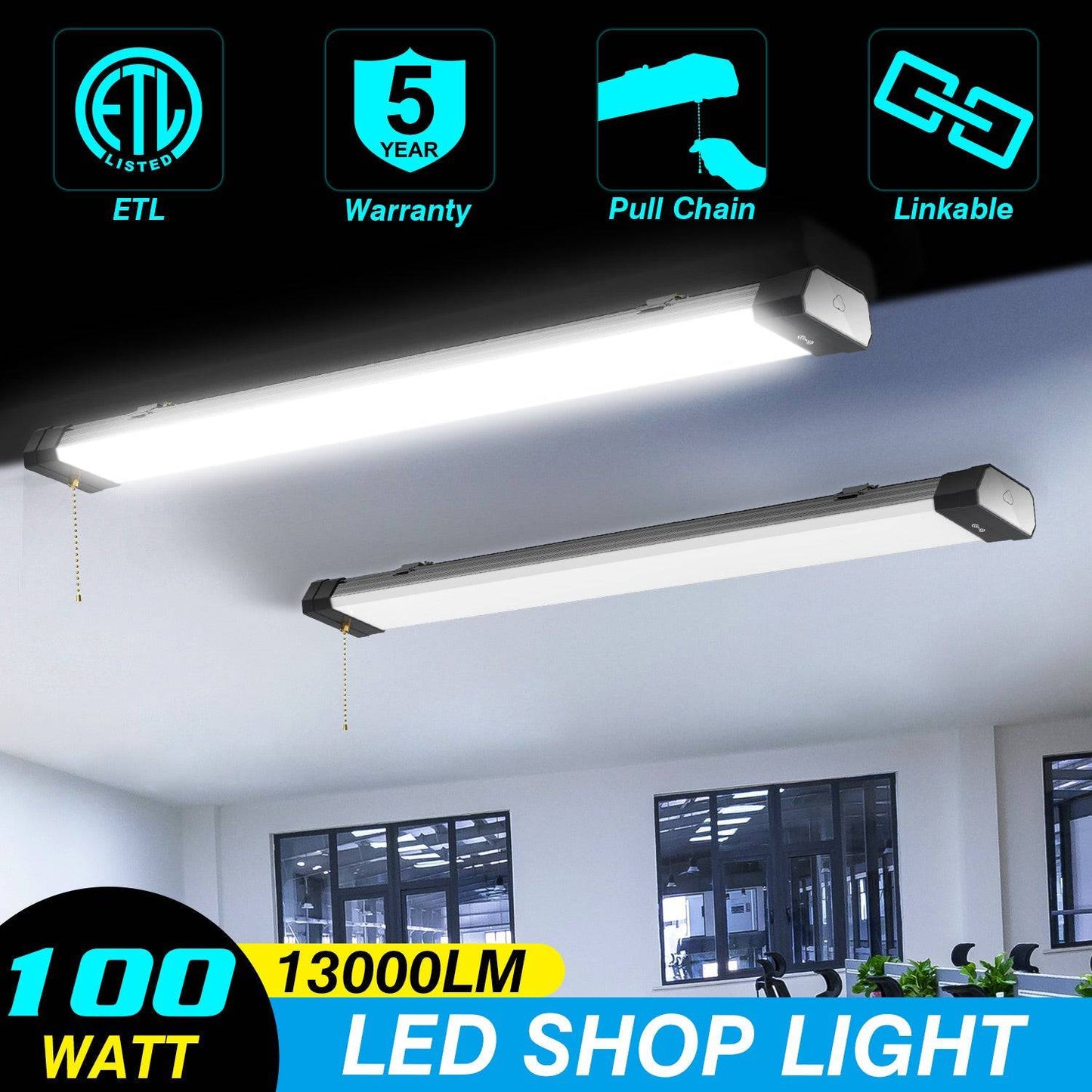 LED Shop Light - Linkable, 4ft, 100W, 5000K, 13,000 Lumens