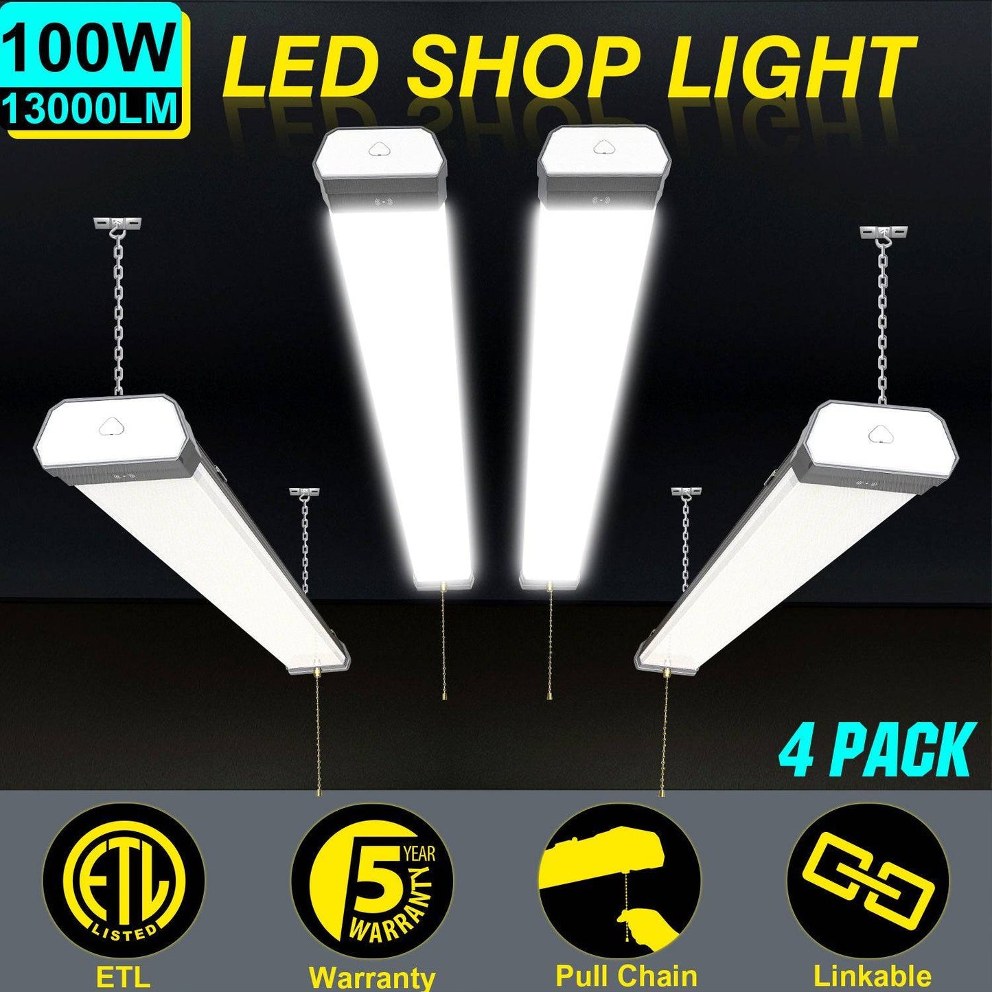 LED Shop Light - Linkable, 4ft, 100W, 5000K, 13,000 Lumens