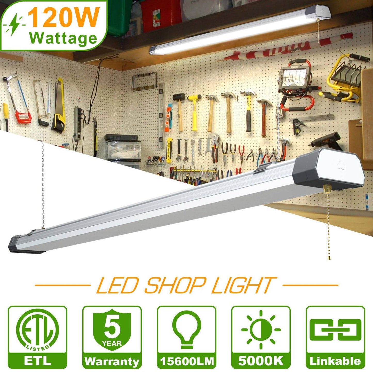 120W LED Shop Light, 4FT, 15600LM, 5000K, Linkable, With Plug, 120V±10%, ON/Off Pull Chain, Suspended & Flush Mount