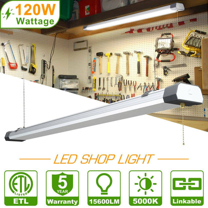 120W LED Shop Light, 4FT, 15600LM, 5000K, Linkable, With Plug, 120V±10%, ON/Off Pull Chain, Suspended & Flush Mount